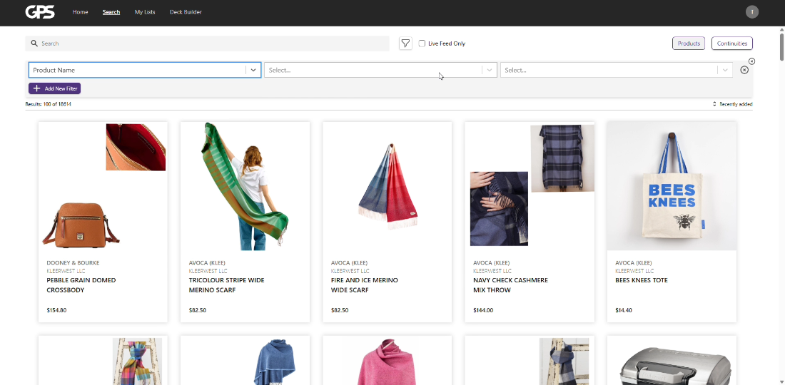 Passport builder: filtering a live product catalog by name, brand and category