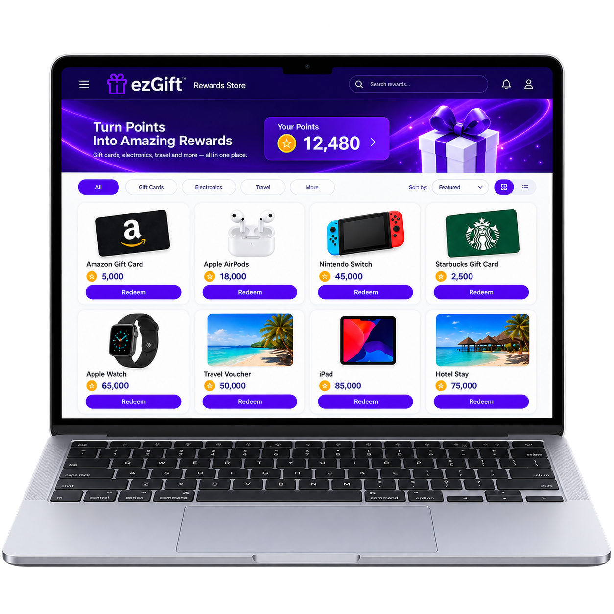 The branded ezGift rewards store on a laptop — points balance, category filters, and a product grid with redeem buttons