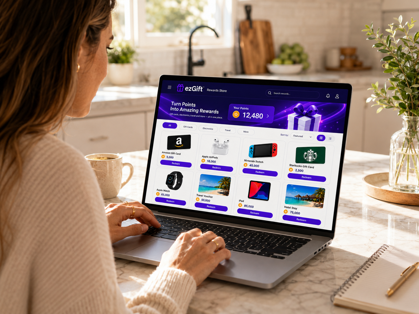 A player browsing her branded ezGift reward store on a laptop at home
